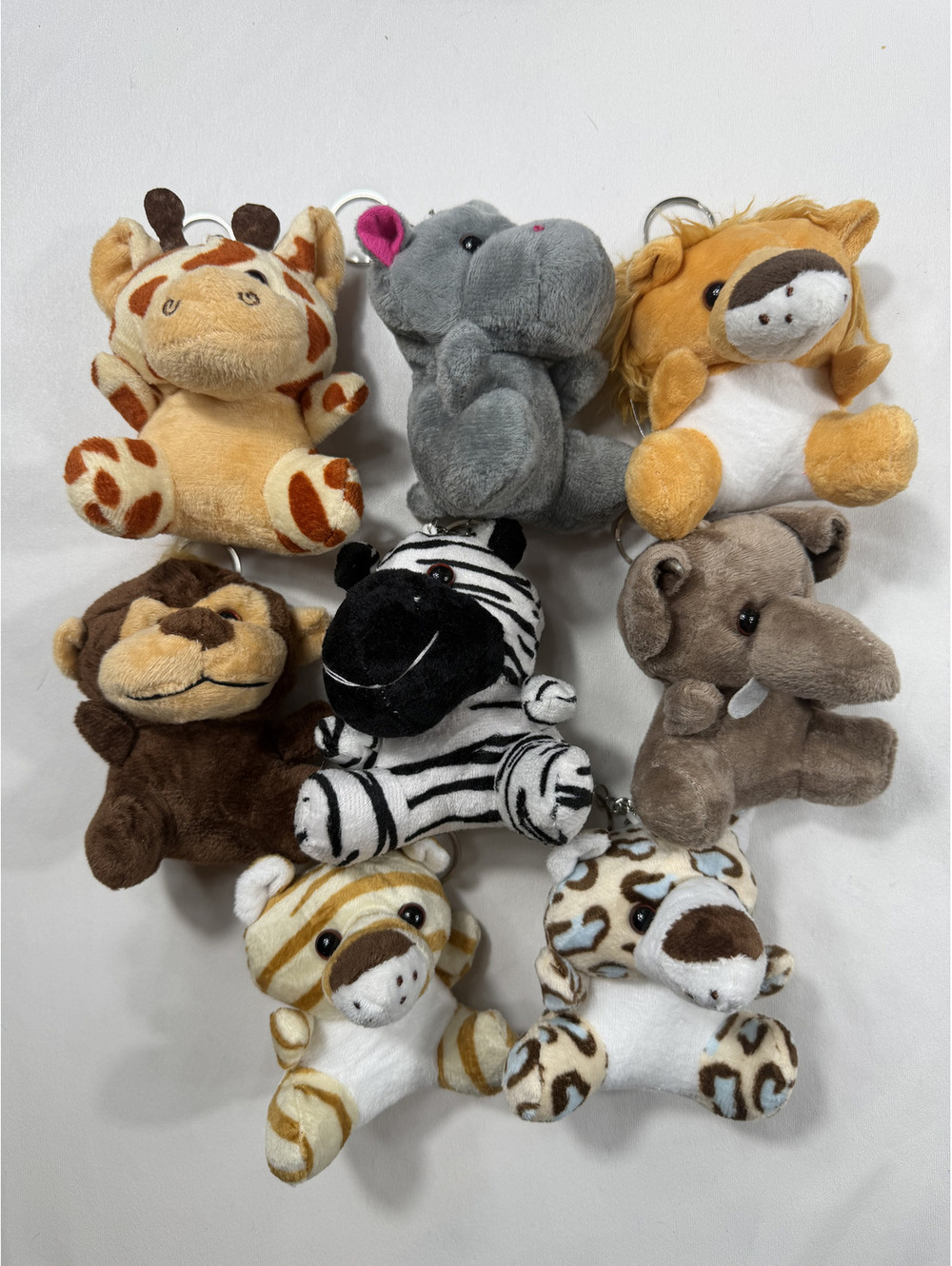 Set of 8 Animal Plush Keychains - Giraffe, Hippo, Lion, Monkey, Zebra, Elephant,